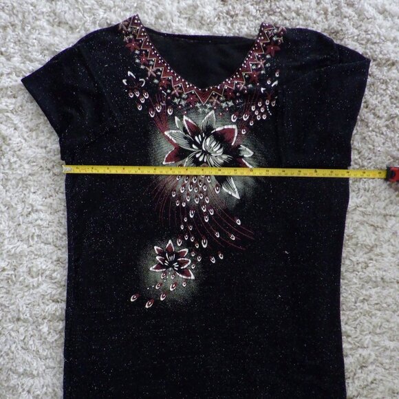 Unbranded Womens Top Short Sleeve Florial Glitter Festive Feminine Black Rust - Picture 4 of 6